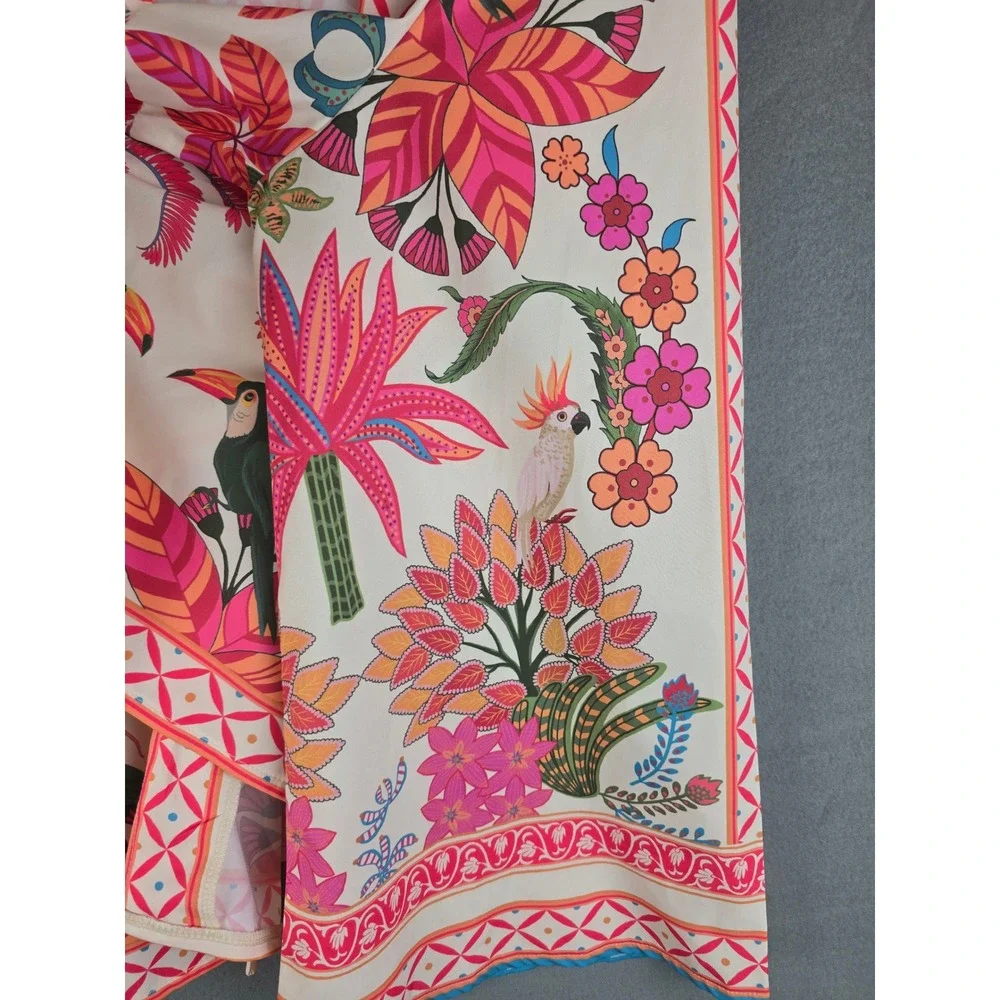 Women's Cardigan Blouse 2XL Cream Tropical Toucan Tie Front Boho Relaxed Fit